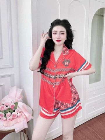 Đồ ngủ Pijama hàng hiệu dáng ngắn lụa cao cấp hottrent Cam phối họa tiết chữ H DN324240