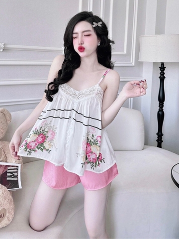 Đồ ngủ Pijama 2 dây dáng ngắn hàng hiệu lụa cao cấp hottrent Trắng phối hồng họa tiết hoa DN325240