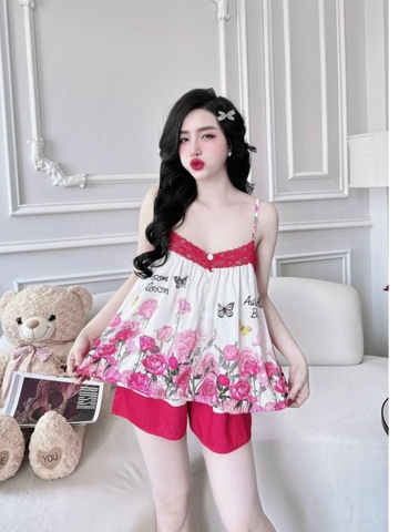 Đồ ngủ Pijama 2 dây dáng ngắn hàng hiệu lụa cao cấp hottrent Đỏ phối họa tiết hoa hồng DN326240