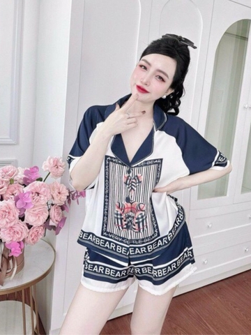 Đồ ngủ Pijama hàng hiệu dáng ngắn lụa cao cấp hottrent Xanh phối trắng DN329240