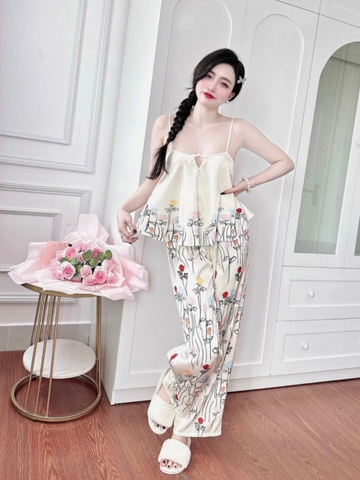 Đồ ngủ Pijama hàng hiệu 2 dây dáng dài lụa cao cấp hottrent Trắng phối họa tiết hoa DN330240