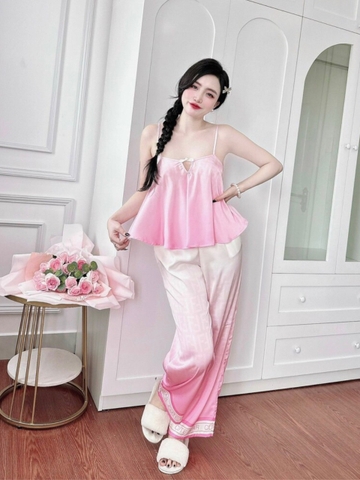 Đồ ngủ Pijama hàng hiệu 2 dây dáng dài lụa cao cấp hottrent Trắng phối hồng DN331240