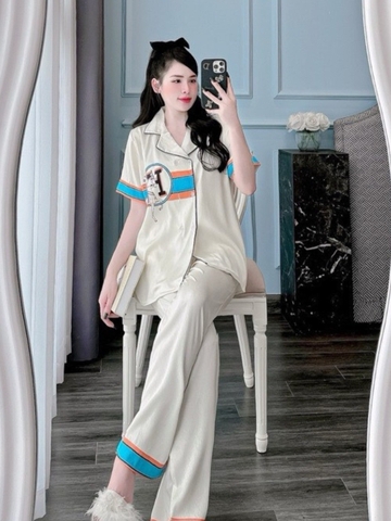 Đồ ngủ Pijama hàng hiệu dáng dài lụa cao cấp hottrent Trắng phối viền xanh cam DN337240