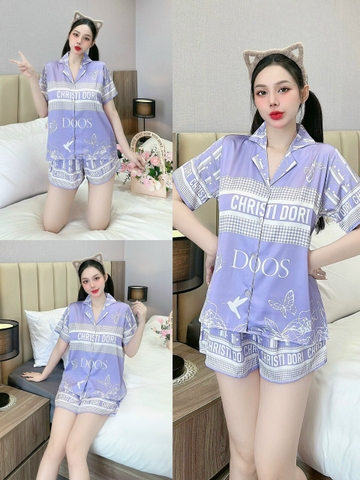 Đồ ngủ Pijama hàng hiệu dáng ngắn lụa cao cấp hottrent Tím viền trắng họa tiết hình con Bướm DN340240