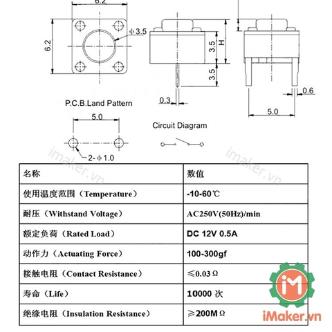 Nút nhấn 6x6mm cao 6mm 2 chân xuyên lỗ