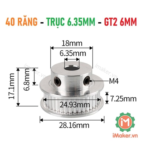 Pulley GT2 40 răng bản 6mm - Trục 5mm, 6.35mm, 8mm