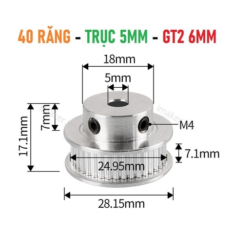 Pulley GT2 40 răng bản 6mm - Trục 5mm, 6.35mm, 8mm