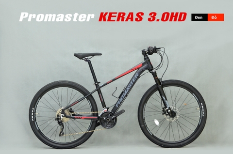 Xe đạp địa hình PROMASTER KERAS 3.0HD: Khung NHÔM, Phuộc giảm dầu khóa tay lái, Group SHIMANO Deore M6000 3x10 tốc, Bi Bạc đạn, Phanh dầu SHIMANO MT200, Lốp KENDA 27.5x2.1