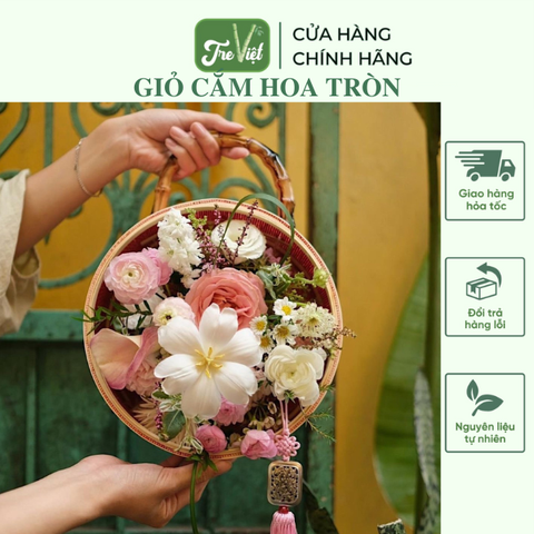 Giỏ cắm hoa tròn bằng tre - Giỏ tre tròn cắm hoa, đựng trái cây