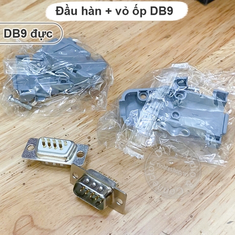Rắc hàn cổng DB9 mạ vàng kèm vỏ ốp nhựa - 9 pin RS232 male plug with plastic cover