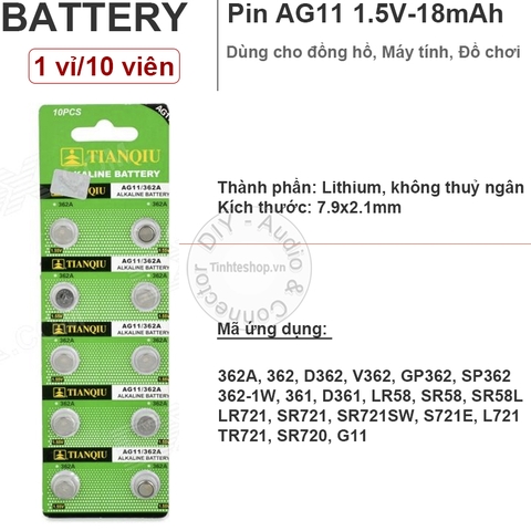 PIN AG11 SG11 SR58 LR58 162 361 362 LR721 SR721 1158SO Ttianqiu 1.55V - 1 vỉ 10 viên