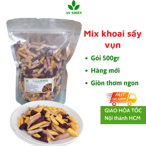 500gr khoai lang sấy hỗn hợp khoai vàng khoai tím khoai môn hàng vụn An Nhiên