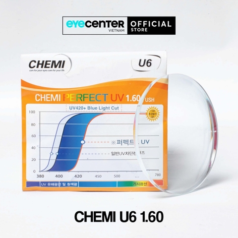 Tròng Kính Chemi U6 Chiết Suất 1.60 Perfect UV chống ánh sáng xanh