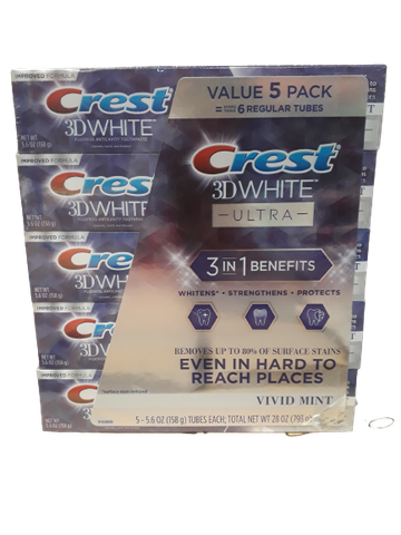 Kem Đánh Răng Crest 3D White Ultra Whitening Toothpaste, Vivid Mint 5/5.6 oz( Lốc 5 Tuýp)
