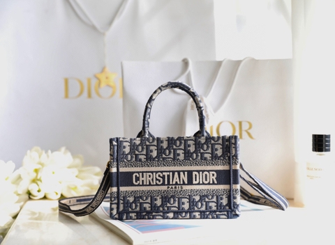 DIOR MINI DIOR BOOK TOTE WITH STRAP Blue and Beige Dior Oblique Embroidery S5573CRIW