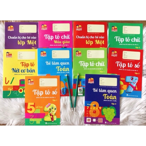 Set 10 quyển tập tô chữ và số tặng kèm bút cho bé