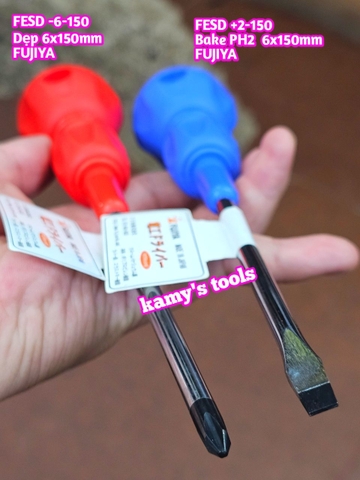 Tua vít cách điện Fujiya FESD 6mm bake PH2 và dẹp dài 150mm FESD+2-150 và FESD-6-150 sản xuất tại Nhật Bản