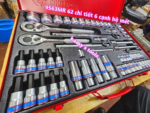 Bộ tuýp 1/4 3/8 1/2 inch Kingtony model 9563MR 62 chi tiết 6 cạnh hệ mét