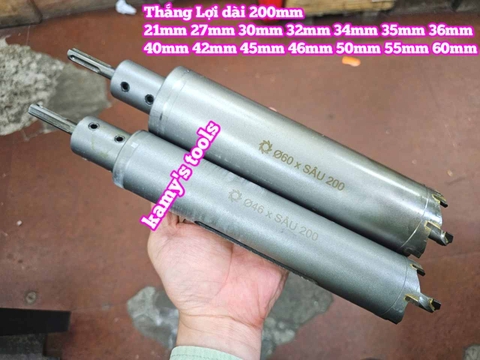 Mũi khoan rút lõi xuyên tường dài 200mm Thắng Lợi 21mm 27mm 30mm 32mm 34mm 35mm 36mm 40mm 42mm 45mm 46mm 50mm 55mm 60mm