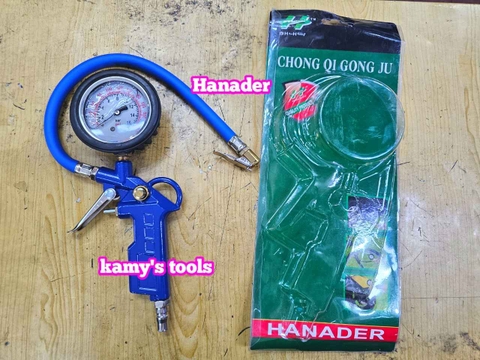 Tay bơm lốp có đồng hồ đo áp suất xe ô tô Hanader TBOM-D, vòi bơm lốp đầu xe máy ô tô xe tải