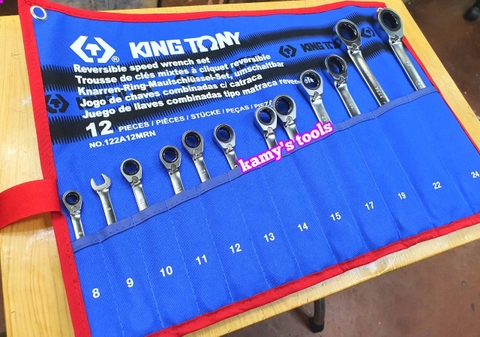Bộ cờ lê vòng miệng tự động đảo chiều 8mm-24mm Kingtony 122A12MRN, bộ vòng miệng tự động
