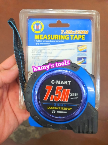 Thước cuộn 7.5m bản 25mm C-Mart model D0004-7.525-GY bọc nhựa chống va đập, thước kéo 7.5 mét