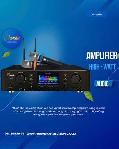 Digital Karaoke Power Amplifier Acoustic A800 (2 kênh, 800W, Kèm micro không dây)