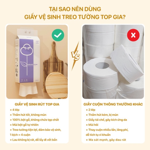 Giấy vệ sinh treo tường 1280 tờ/4 lớp TopGia dạng rút đáy