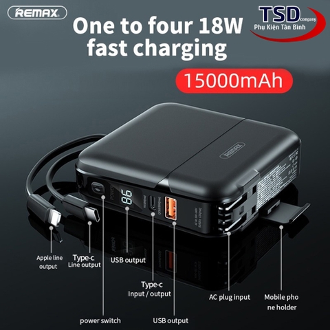 Pin sạc nhanh 22.5w Remax RPP-20 15.000mAh dự phòng kèm cáp liền pin + chân cắm ghim sạc ổ điện gập gọn + giá đỡ điện thoại QC3.0 + PD 18w chính hãng [BH 1 năm]