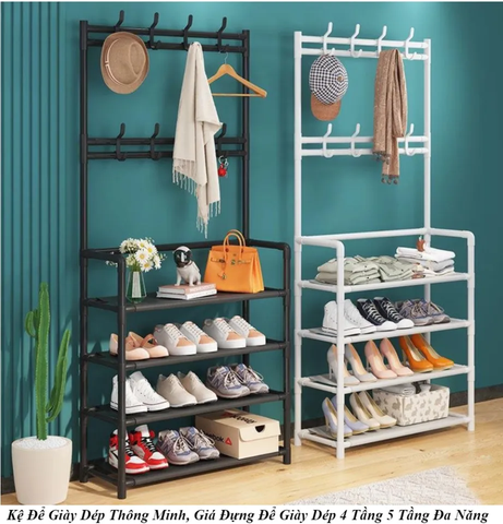 Kệ giày dép 4 tầng FLOOR COAT RACK kết hợp khung treo quần áo, túi xác, móc chìa khoá đa năng