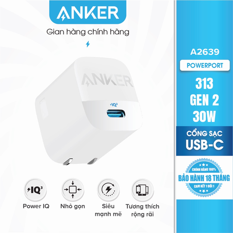 Cóc sạc nhanh 30w Anker IQ3 A2639 (1 cổng type-c) chính hãng [BH 1 năm]