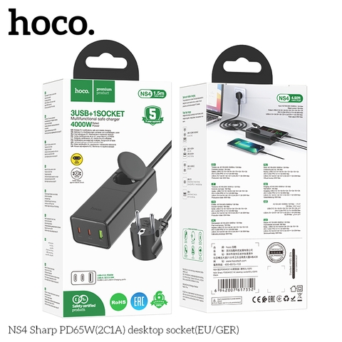 Ổ cắm điện để bàn sạc nhanh 65w Hoco NS4 kèm 2 cổng Type C 1 cổng Usb chính hãng [BH 1 Năm]