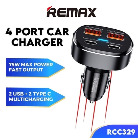 Cóc sạc nhanh xe hơi 75w Remax RCC-329 tẩu sạc ô tô PD+QC 2 cổng USB 2 cổng Type C có led siêu đẹp chính hãng [BH 1 năm]