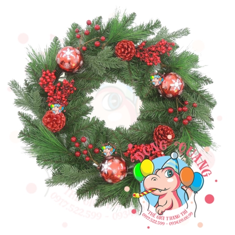 Vòng hoa 4 loại lá đầu tròn gắn trái thông, cherry