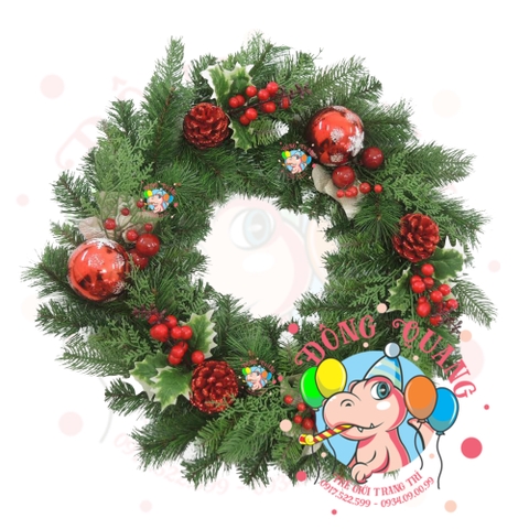 Vòng hoa 5 loại lá gắn trái thông, cherry