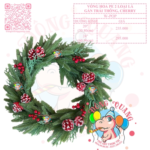Vòng hoa PE 2 loại lá gắn trái thông, cherry