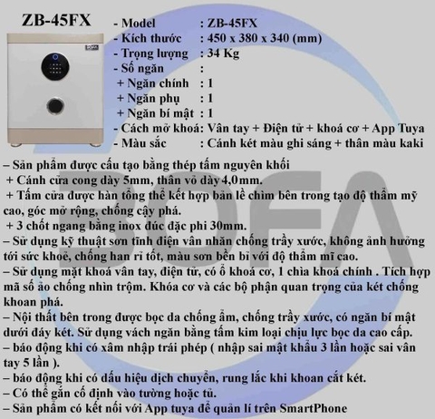 Két sắt nhập khẩu BOFA ZB-45FX Vân Tay+Điện Tử+kết nối điện thoại