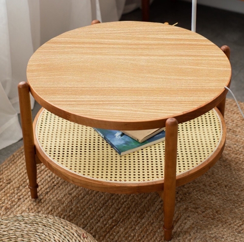 BÀN TRÀ SOFA 2 TẦNG MÂY TRÒN MẶT GỖ - BTG16