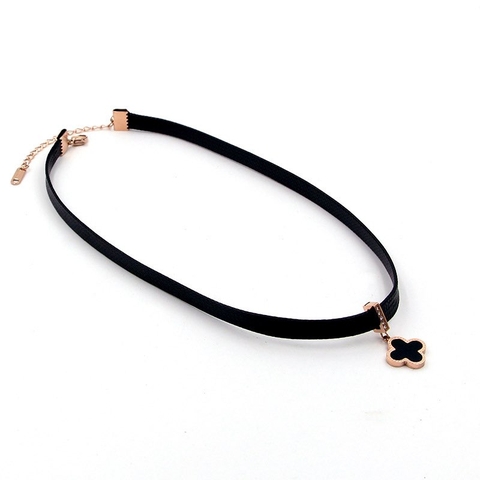 Choker dây đôi da PU mặt hoa đen mix đá sang trọng 0.4*(31+6)cm