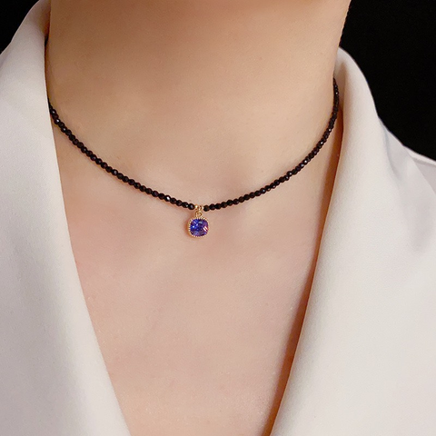 Vòng Cổ Choker Đá Đen Dây Đôi Mix Mặt Đá Phale Tím