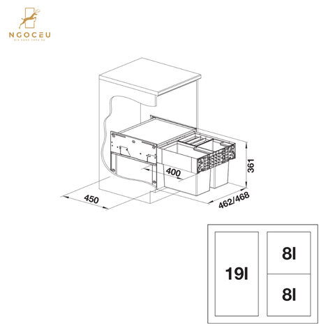 Thùng rác âm tủ 35 lít Blanco Select II 50/3 526202 - Dành cho hệ tủ 50cm