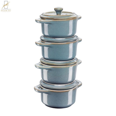 Bộ nồi mini 4 chiếc Staub Cocotte – Màu Ngọc Lam Cổ
