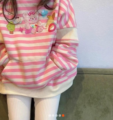 BN030- Bộ áo hồng kẻ ngang thêu mix quần legging VNXK