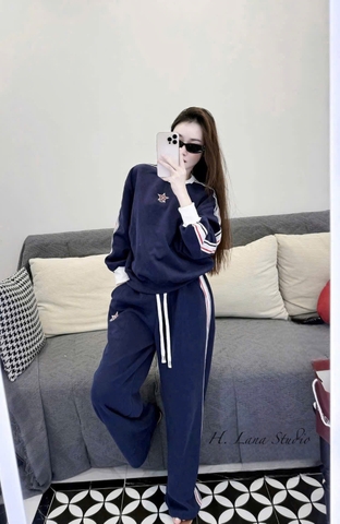 Set799-Set mặc nhà nỉ haida xanh than thêu đỏ quần suông dài