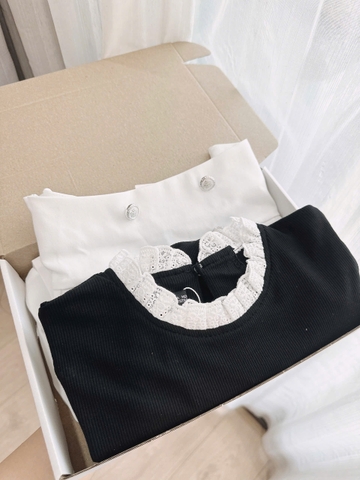 SET354-Set áo len phôi ren và chân váy xếp ly ngắn 2 lớp