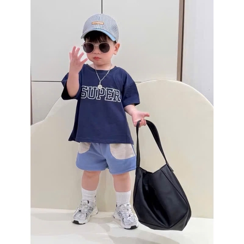 BT459- Bộ super xanh biển phối kèm mũ kẻ chất cotton mix quần cua