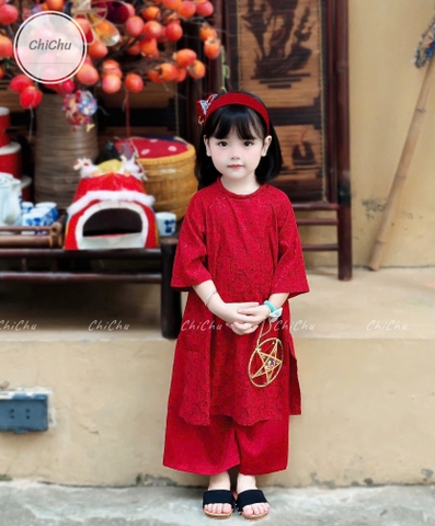 SETKID057-SET áo dài đỏ lụa vân chìm bé gai tặng kèm mấn