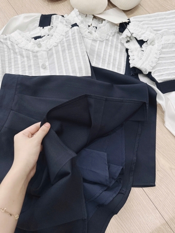 SET349- SET ÁO PHỐI LI CỔ REN MIX CHÂN VÁY XẾP Li 2 LỚP☘️