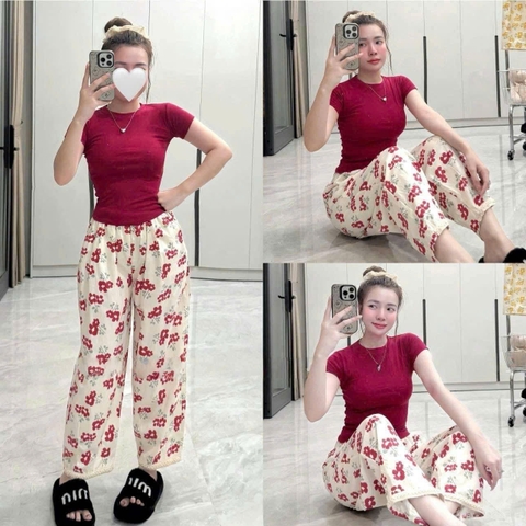 SET450-Áo áo cộc cotton xược trơn mix quần chân ren