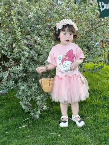 DAMKID015-Đầm cotton MELODY hồng chân voan bé gái